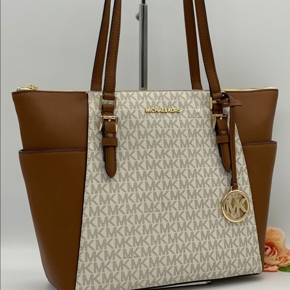 MICHAEL KORS Charlotte LG Tote Brown/Vanilla T.zip - Picture 6 of 13